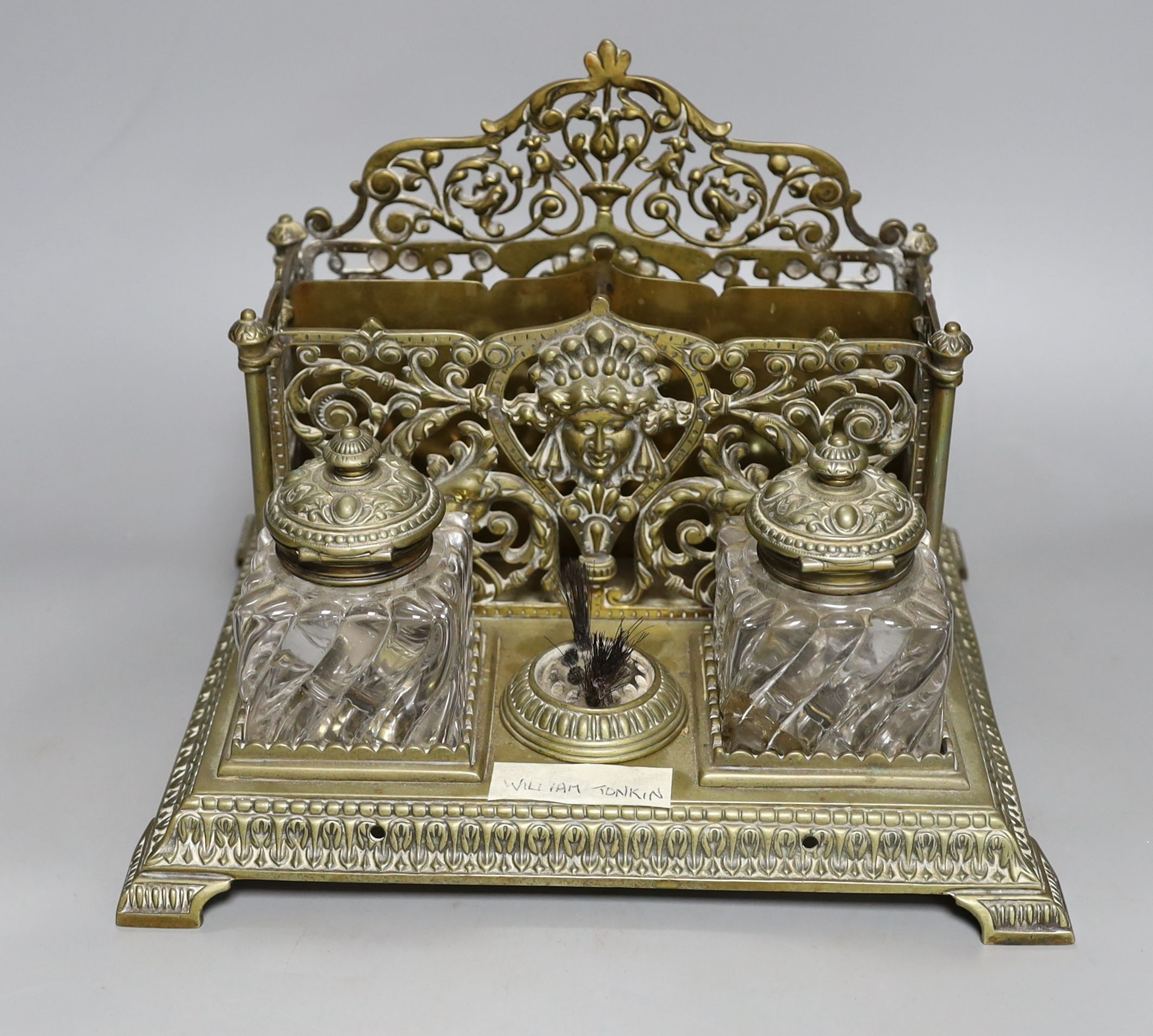 A late 19th century William Tonkin brass 2 bottled ink and letter stand - 27cm long